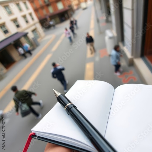 pen on the book above people on busy streets