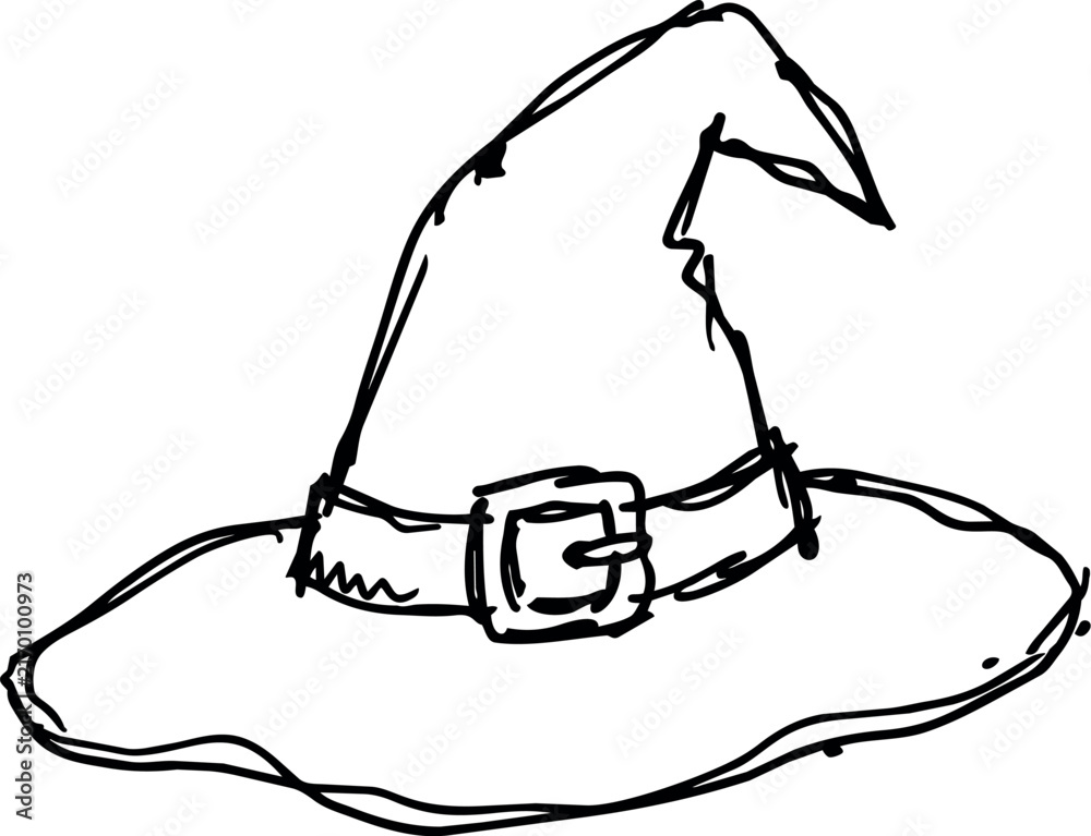Naklejka premium Witch hat with crooked buckle and pointed crown in naive hand drawn vector illustration