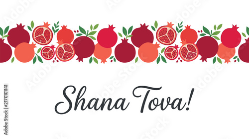 Festive pomegranate border pattern featuring vibrant red fruit illustrations for a happy Shana Tova greeting card