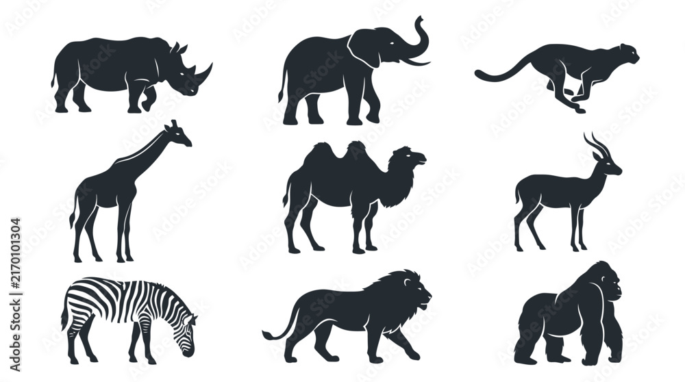 Fototapeta premium Detailed silhouettes of wild African animals including lion elephant zebra giraffe rhino gorilla and fast cheetah