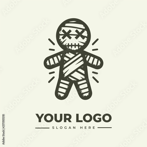 Minimalist vector logo design featuring a cute mummy character for halloween branding.