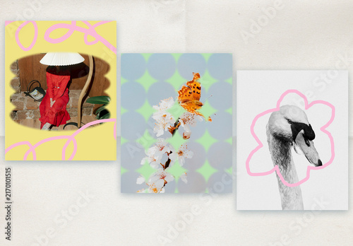 Nostalgic Y2K Vibe Grid Template Set for Creative Layouts with Butterfly Flowers and Swan Graphic Elements