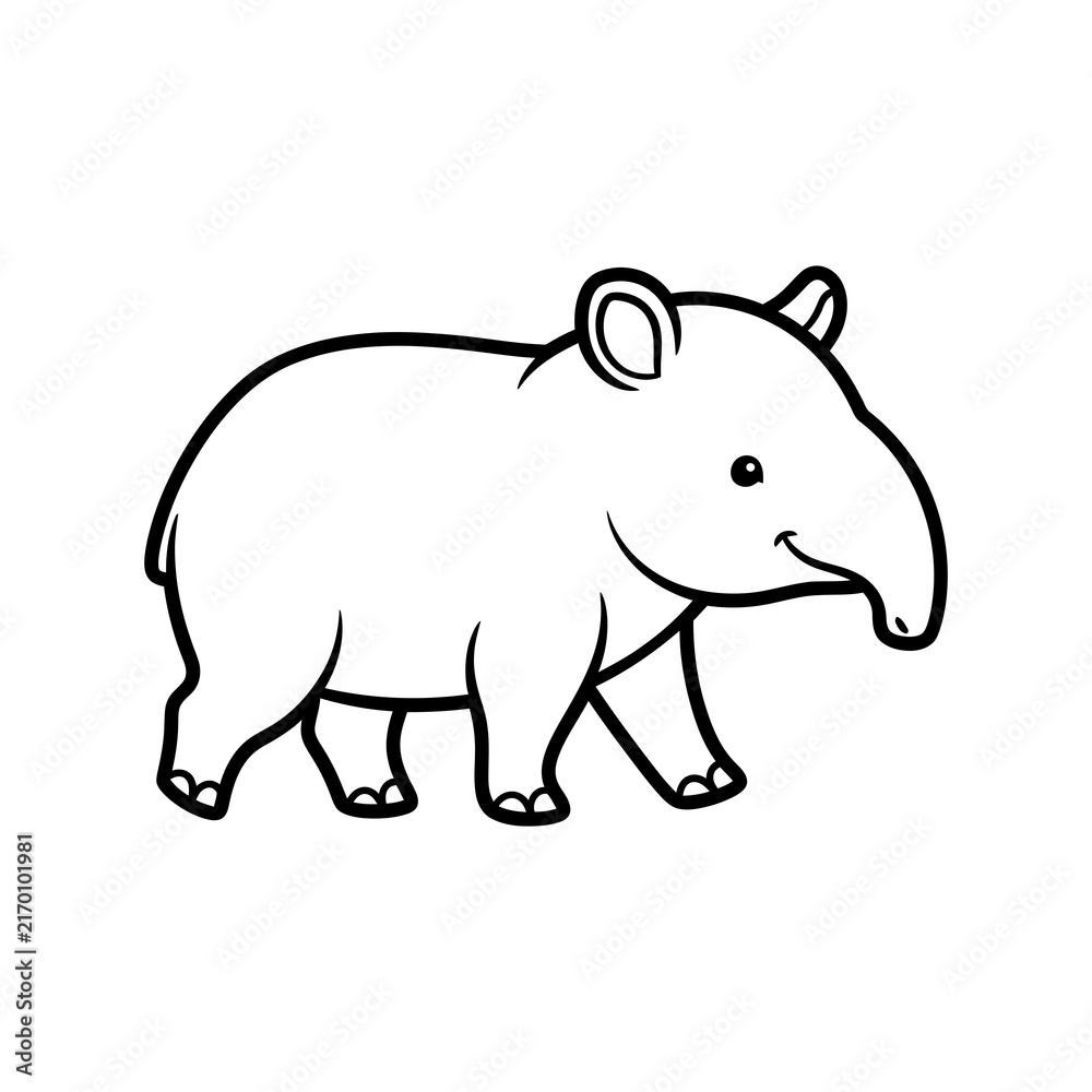 Obraz premium Cute tapir coloring book jungle animal page for kids. Black and white outline vector illustration of a baby tapir isolated on a white background.