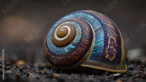 Colorful snail shell on soil