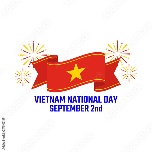 Quadro su tela Vietnam National Day ribbon banner with national flag and fireworks background c