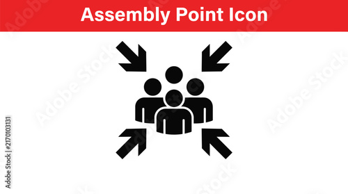 Minimalist black assembly point icon featuring people symbols with directional arrows on a white background