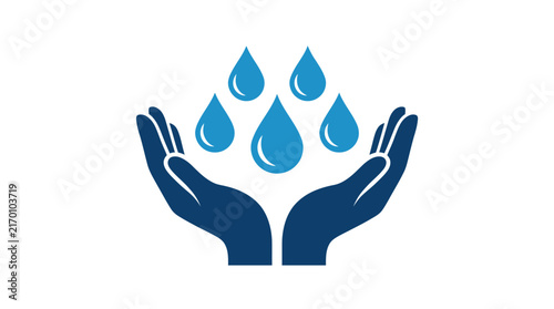 Stylized hands gently cupping vibrant blue water droplets in a clean minimalist flat vector graphic design