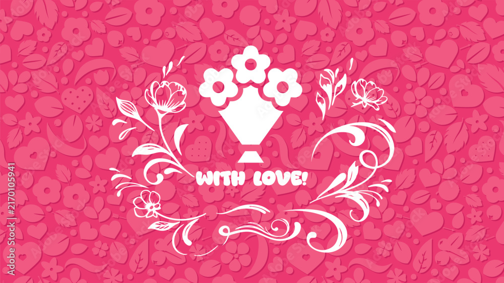 Fototapeta premium Floral background with flower bouquet and With love text. Pink vintage pattern.