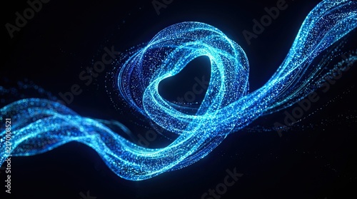 Glowing particle ribbon forming swirling loops against dark background with Bright blue light particles create dynamic flowing loops space digital rendering electronic light particle effect sci fi