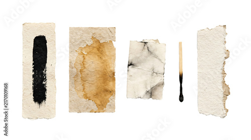 Canvas Print Torn handmade paper scraps with black ink stroke coffee stains and burnt matchst