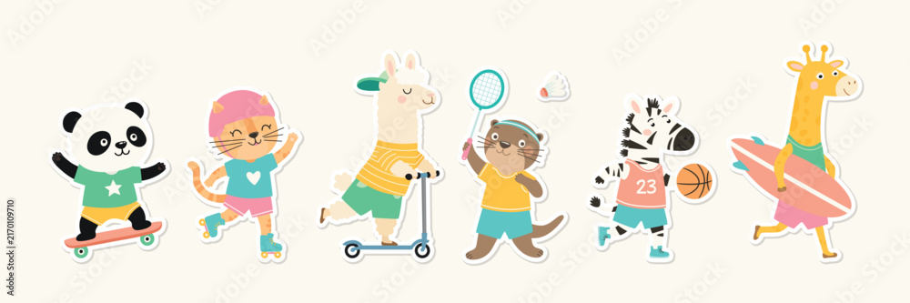 Naklejka premium Cute Animal Sports Set, Vector Illustration. Cartoon Panda on Skateboard, Cat on Roller Skates, Llama on Scooter, Otter Playing Badminton, Zebra With Basketball and Giraffe With Surfboard