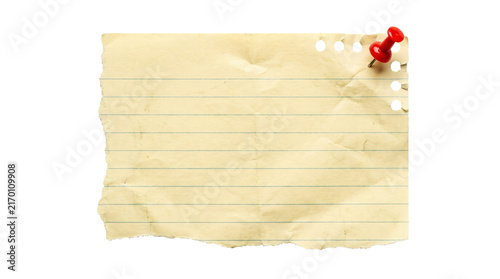 Konstfotografi Aged vintage lined paper with ragged edges and red push pin held securely fasten