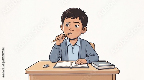 Thoughtful schoolboy sitting at desk thinking with a pencil