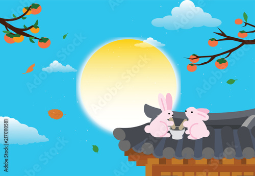Korean Traditional Scenery with Full Moon Illustration