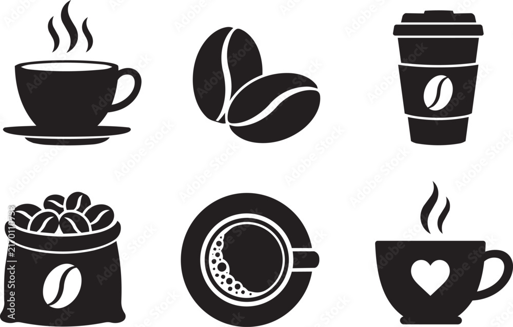 Fototapeta premium Coffee icons set with beans cup and takeout mug
