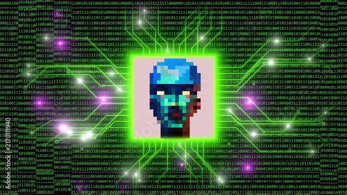 Pixel Art Cybernetic Zombie Head Against Binary Code Background
