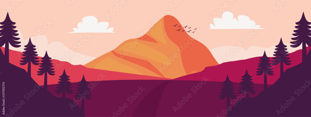Fototapeta premium Majestic Mountain Landscape with Pine Trees and Vibrant Sunset Hues.