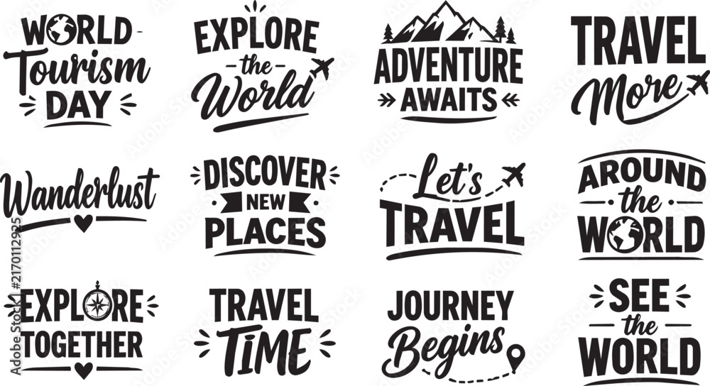 Obraz premium Travel quote typography set with adventure and exploration lettering designs