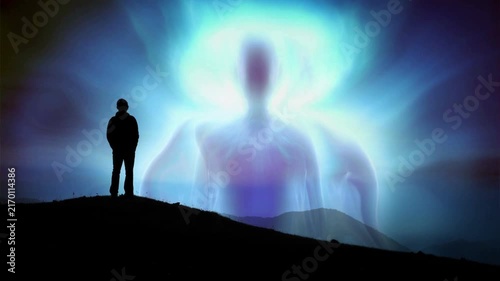 Human Silhouette Facing a Body Aura in a Mystical Landscape