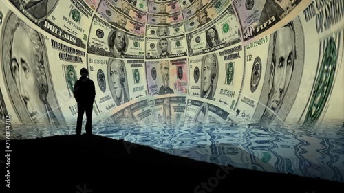 Silhouette Facing a Vast Landscape of US Dollar Banknotes