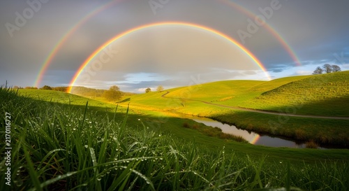 Double rainbow over a lush green meadow with a small stream at sunset