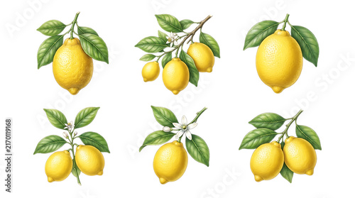 Collection of hand drawn watercolor lemon with leaves and flowers on a white background, for botanical food isolated on a transparent background