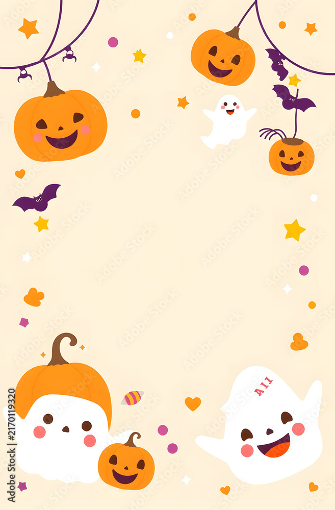 Fototapeta premium Cute Halloween-themed frame with cartoon pumpkins, friendly ghosts, bats, and stars on a light yellow background, perfect for invitations or festive designs.
