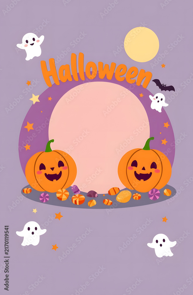 Fototapeta premium A cute Halloween illustration with smiling pumpkins, ghosts, and a bat on a purple background.