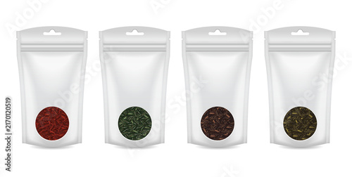 Quadro su tela Four white resealable pouches of specialty tea on transparent background