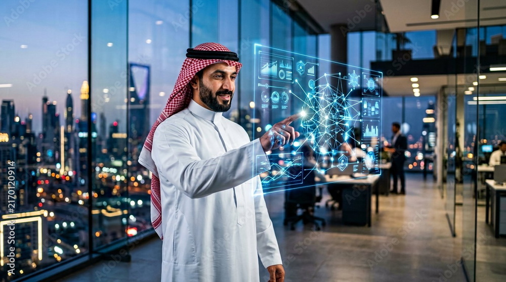 Fototapeta premium Arab businessman using holographic artificial intelligence interface in modern office
