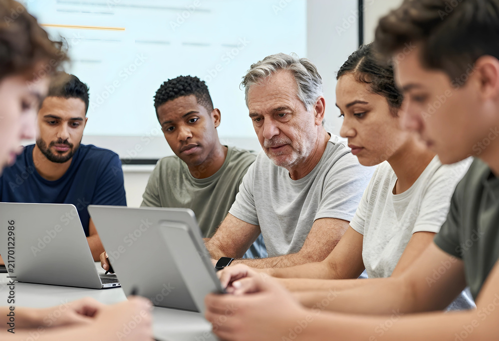 Obraz premium Lifelong learning and diverse education, multi-generational students using laptops in a classroom setting, adult education and skill development