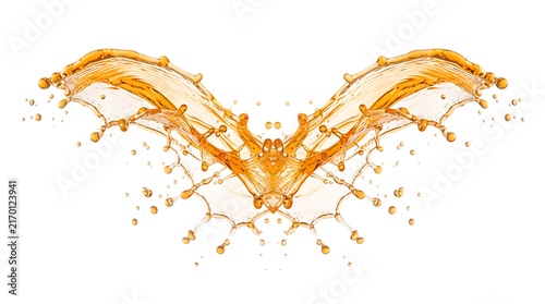 Symmetrical liquid splash of amber colored tea or beer, creating a wing-like shape with droplets, isolated on a white background, food isolated on a transparent background