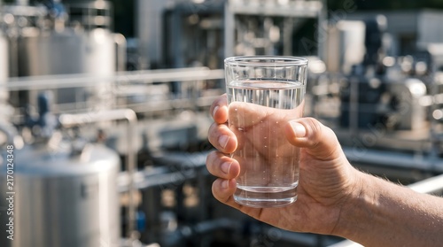 Hand holding a glass of clear water at an industrial manufacturing plant