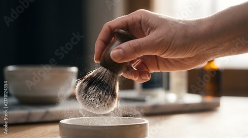 Hand holding wooden shaving brush with white powder dusting into a dish for a traditional wet shave routine
