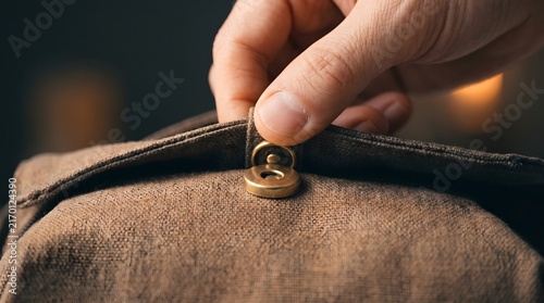 Hand opening magnetic metal snap button on brown canvas bag.
