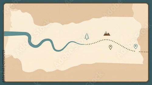 Minimalist vintage travel map showing a river and dotted route path. Illustration of journey planning with mountain and tree icons.