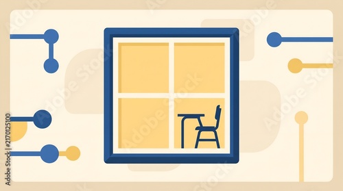 School desk in window with circuit lines for digital education concept