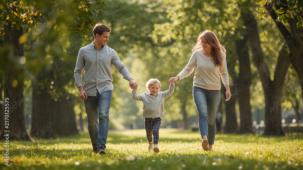 Obraz premium Happy Young Family Walking in Sunlit Park Holding Hands