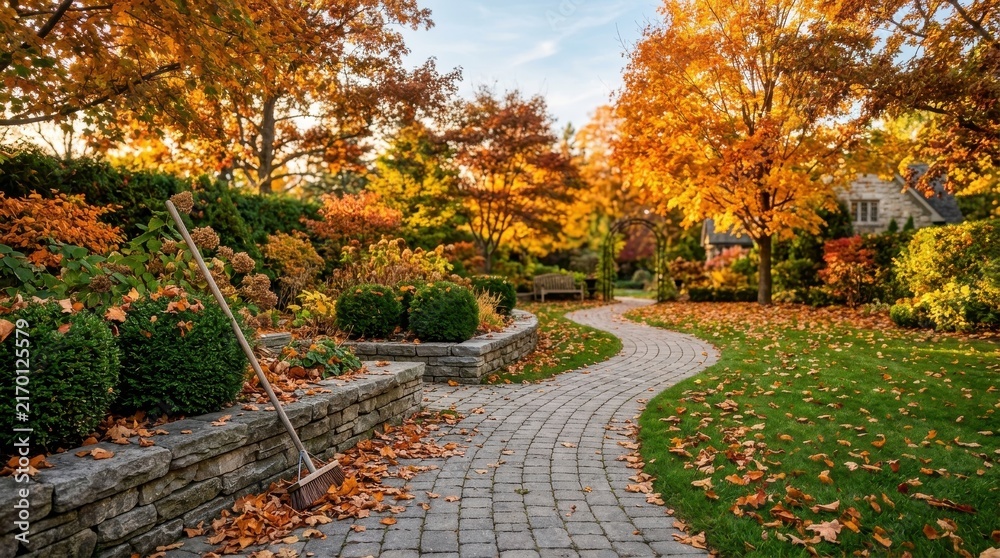 Obraz premium Garden pathway bordered by stone wall and vibrant autumn foliage with broom.