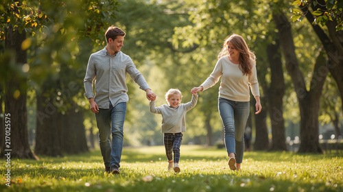 Happy Young Family Walking in Sunlit Park Holding Hands