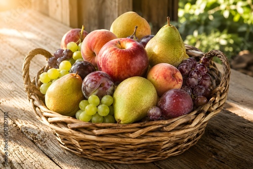 Basket of Fresh Mixed Fruits on a Wooden Table