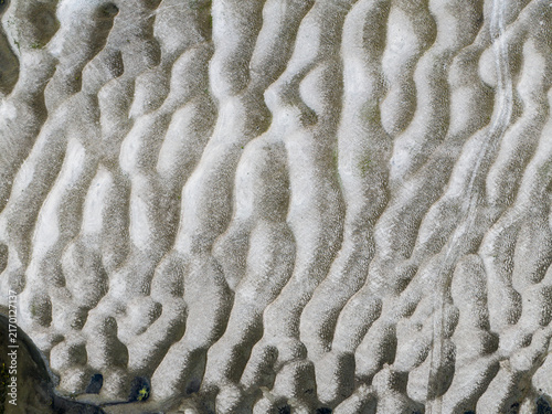 Aerial view of sand ripples and silt patterns on a riverbank in Bogura, Rajshahi Division, Bangladesh.