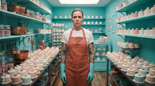 Baker in Apron and Gloves Standing in Pastel Bakery Surrounded by Mini Cakes