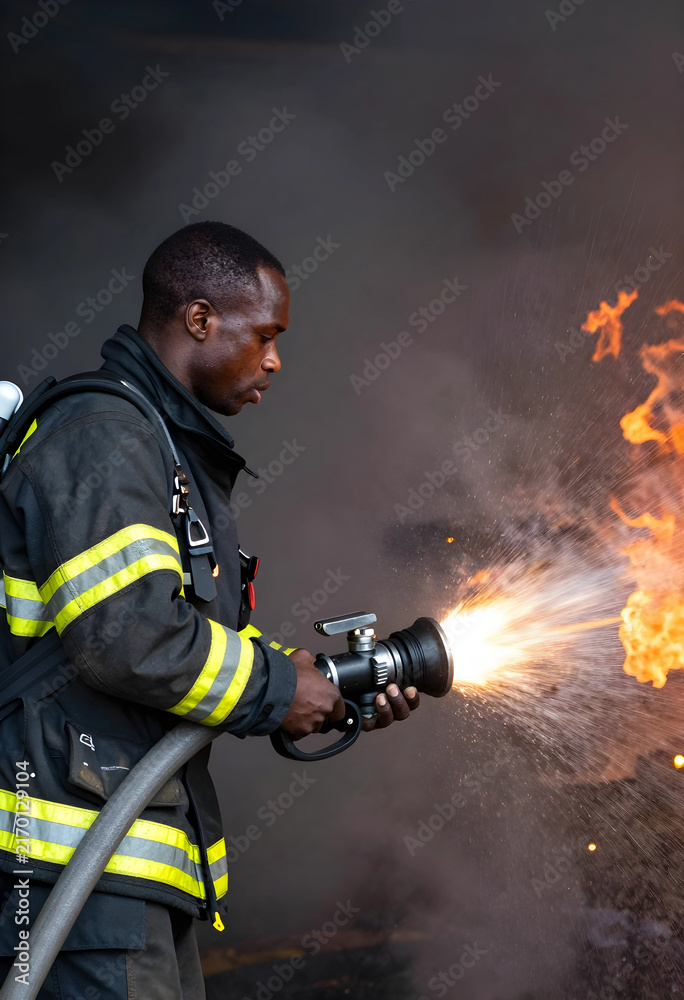 Fototapeta premium Firefighting and emergency response, brave african american firefighter extinguishing a blaze with water hose and nozzle