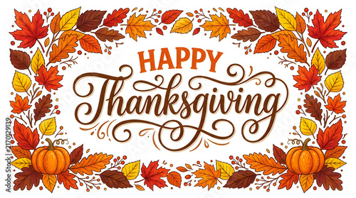 Beautiful festive happy thanksgiving calligraphy with colorful autumn leaves and pumpkins creating a delightful holiday border