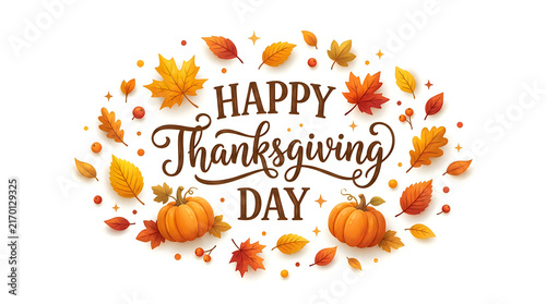 Festive happy thanksgiving day typography with autumn leaves and pumpkins in a circular design