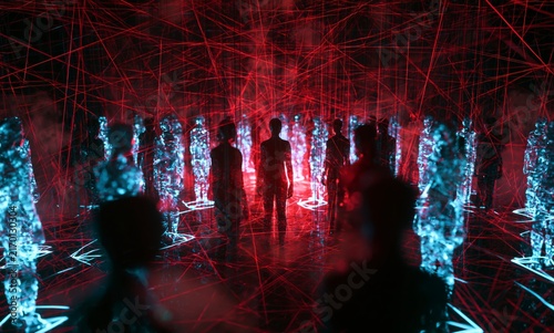Abstract crowd of glowing digital human figures amidst red laser lines