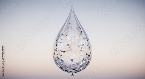 Shimmering faceted drop filled with abstract crystalline fragments, floating serenely in a soft, ethereal light