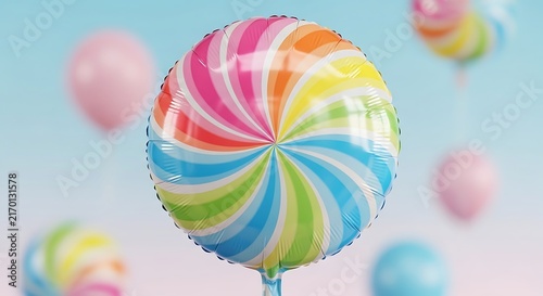 Festive Multicolored Swirl Balloon Floating Against a Soft Pastel Blue Sky Background
