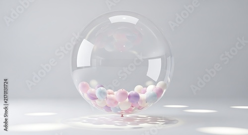 Transparent bubble sphere filled with colorful pastel balls in a minimalist white studio